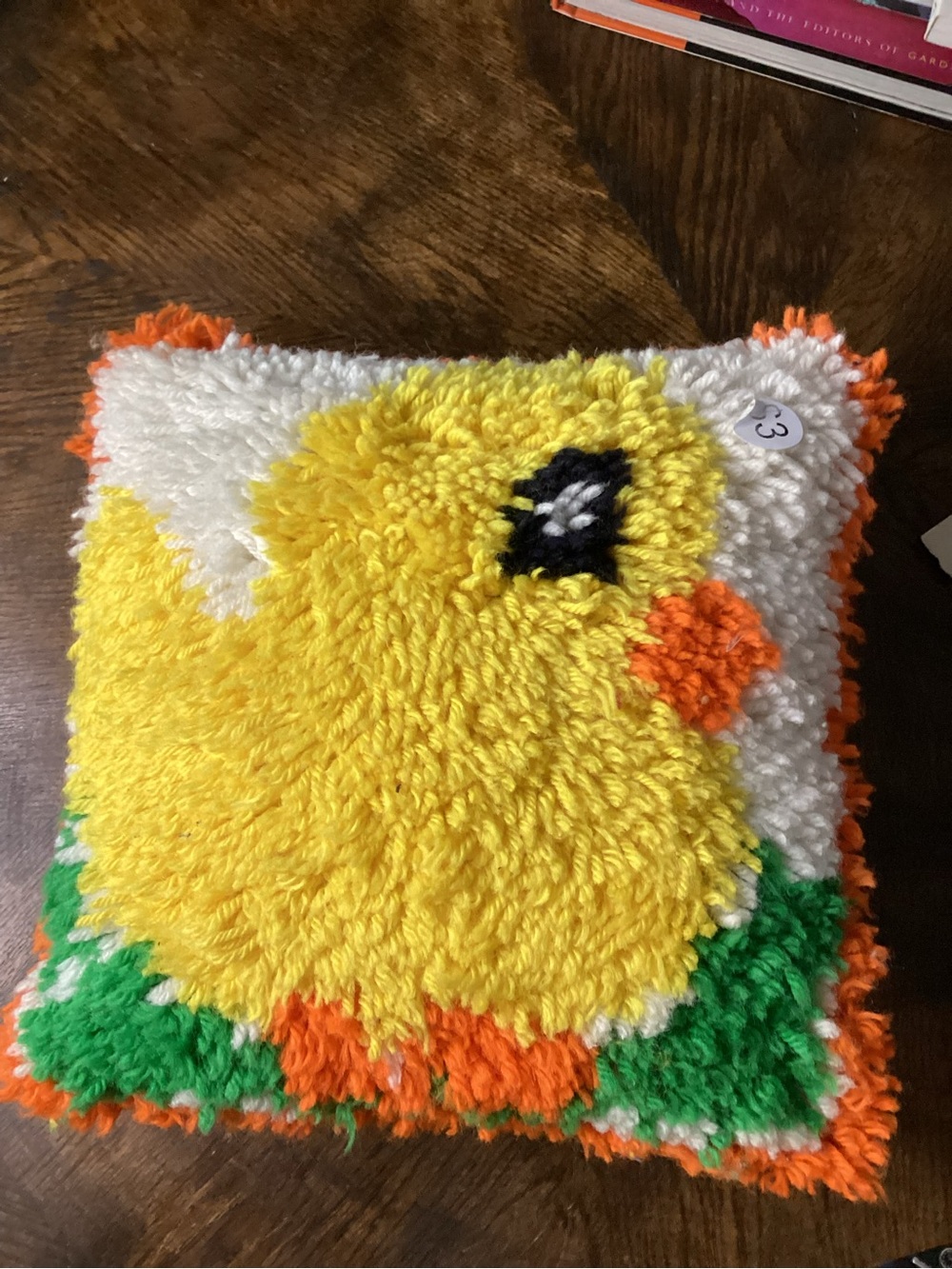 Yellow Chick Latch Hook Accent Pillow with Orange and Green Trim